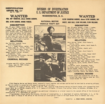 1934 Bonnie And Clyde US Department Of Justice Wanted Flyer (University Archives LOA)